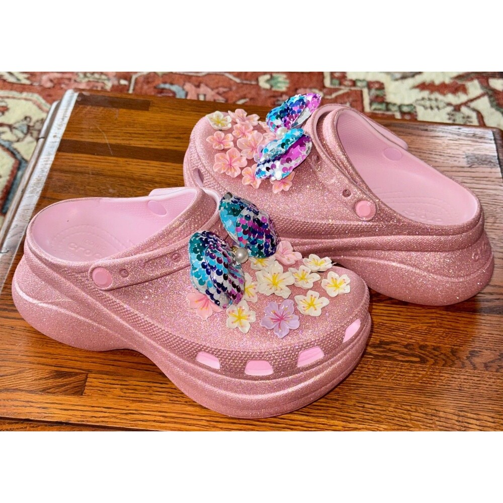 Embellished CROCS PINK GLITTER CLASSIC BAE CLOG 3" PLATFORM SHOES WOMEN US 8